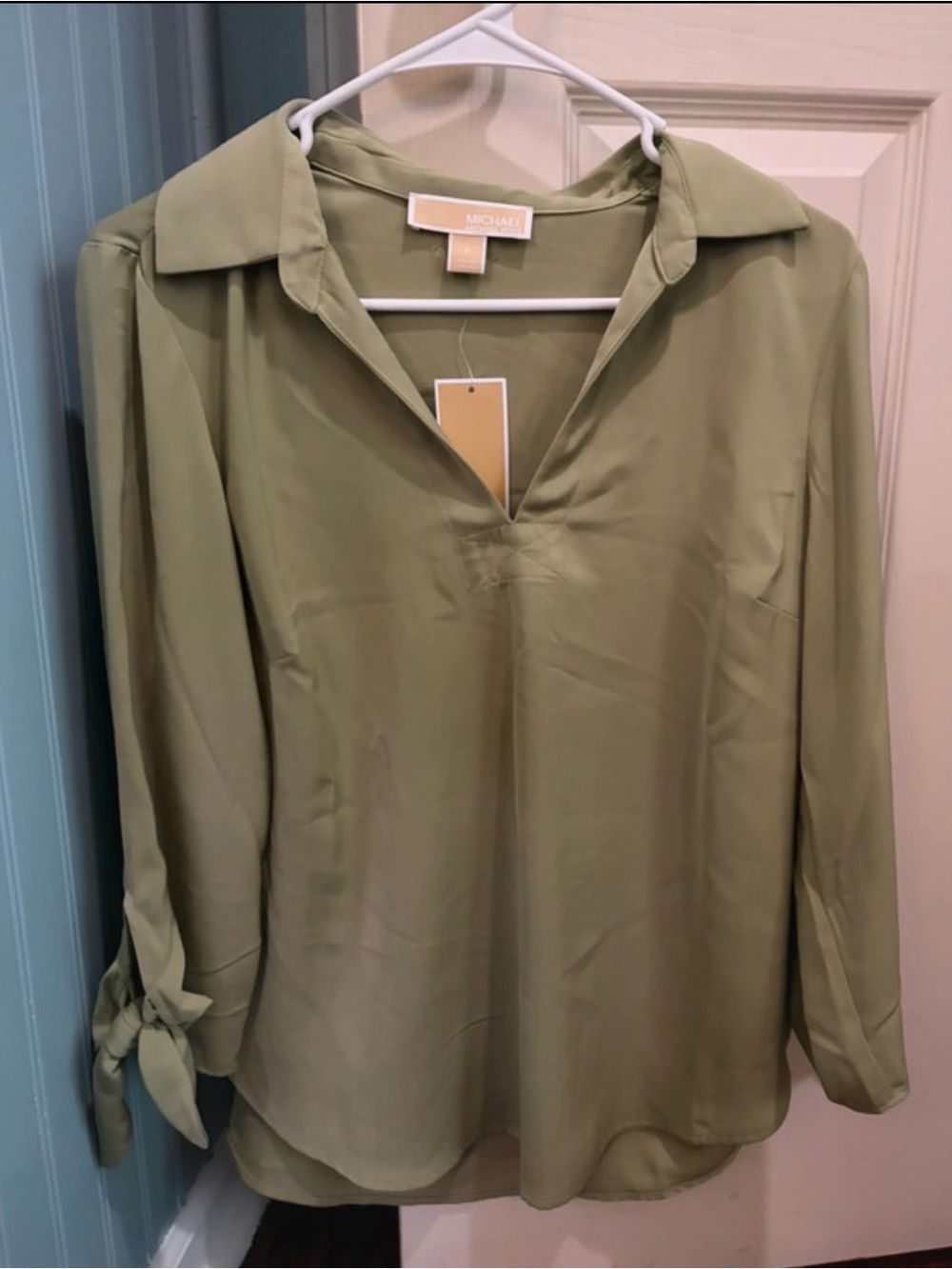 Michael Kors Olive V-Neck Tie-Sleeve Blouse